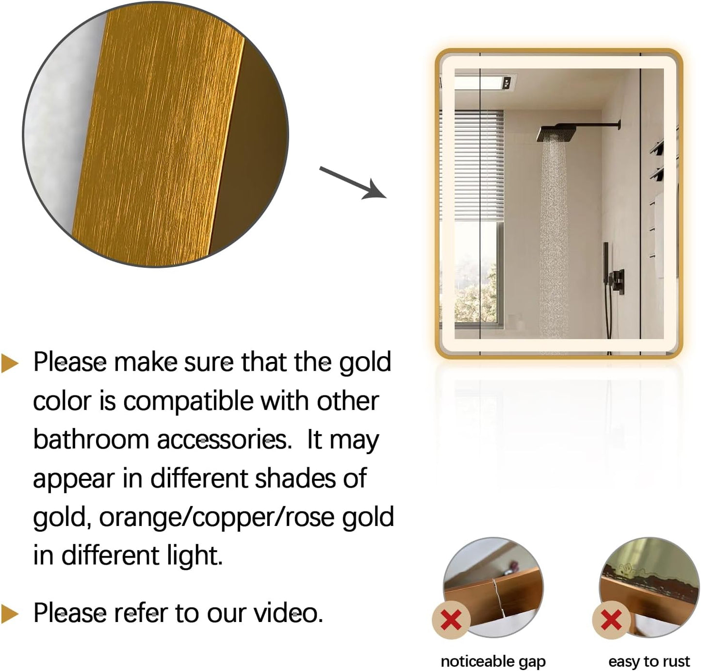 Rectangle LED Bathroom Mirror, 32"x20" Anti-Fog Double Touch Lighted Wall Vanity Mirror 45° Beveled Metal Frame Stepless Adjustable Color Temperature Smart Mirror 3000K-6000K, Gold