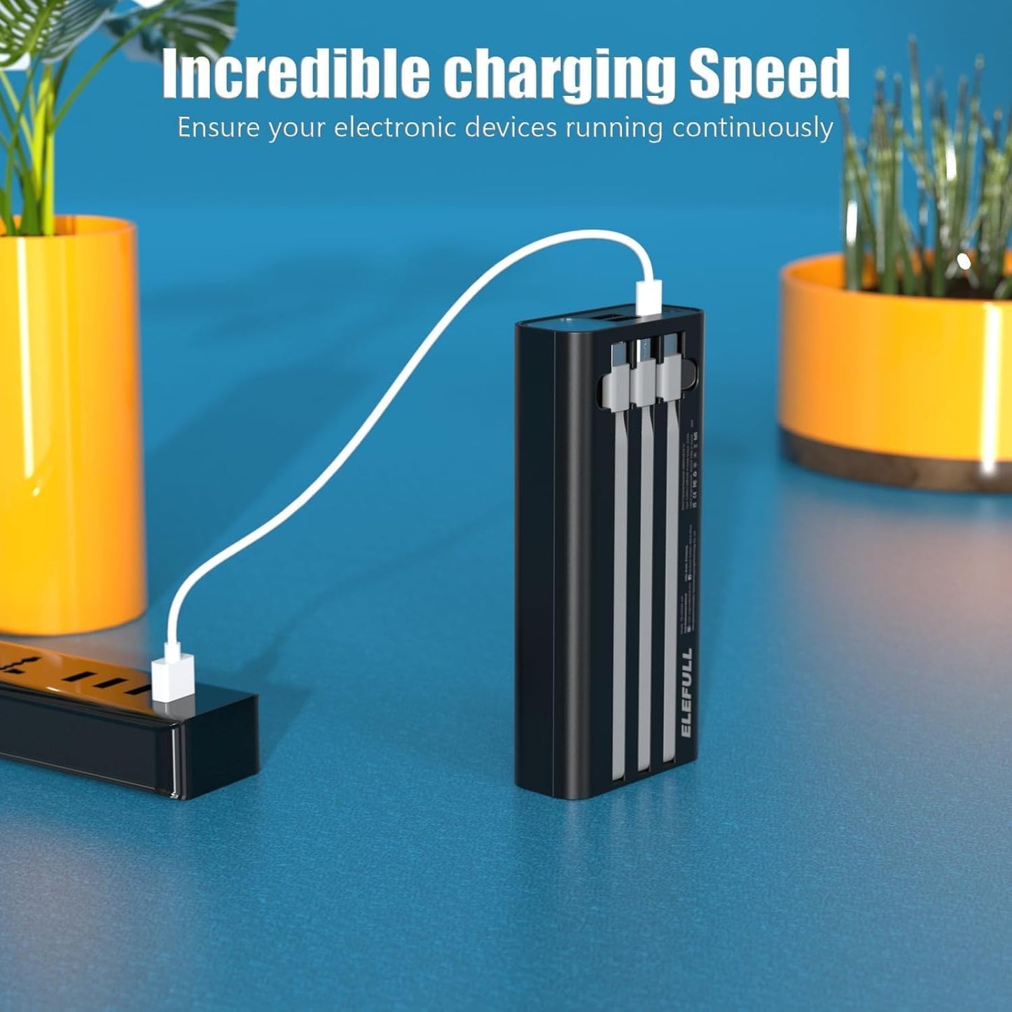 50000mAh Portable Charger, Built-in Cable 22.5W QC 3.0 PD USB C Power Bank, Fast Charging with, LED Flashlight, External Mobile Phone Batteries Compatible with iPhone (Black2, 50000, Milliamp Hours)