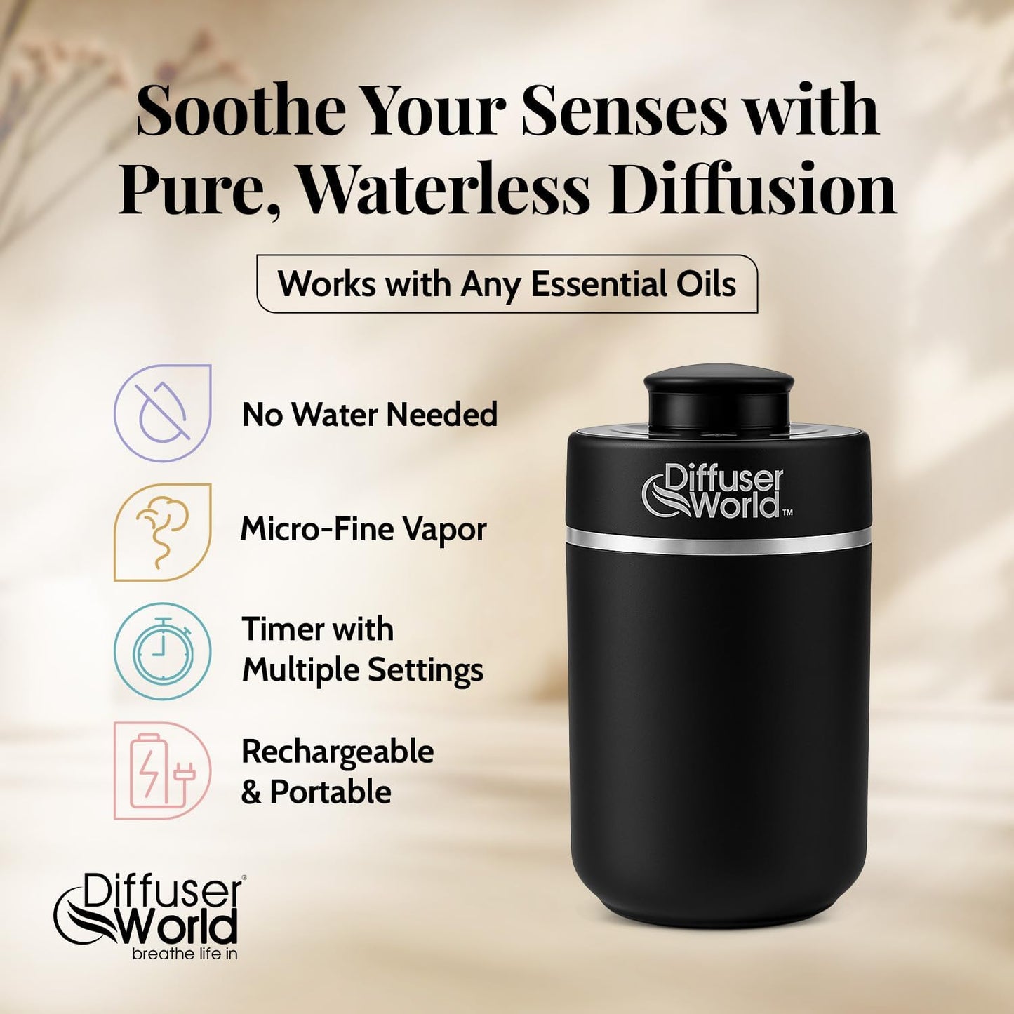 600 Sq Ft Waterless Diffuser for Essential Oils, Aroma Express Black Portable Aroma Atomizer for Room Fragrance, Home Scent Machine, Air Aromatherapy