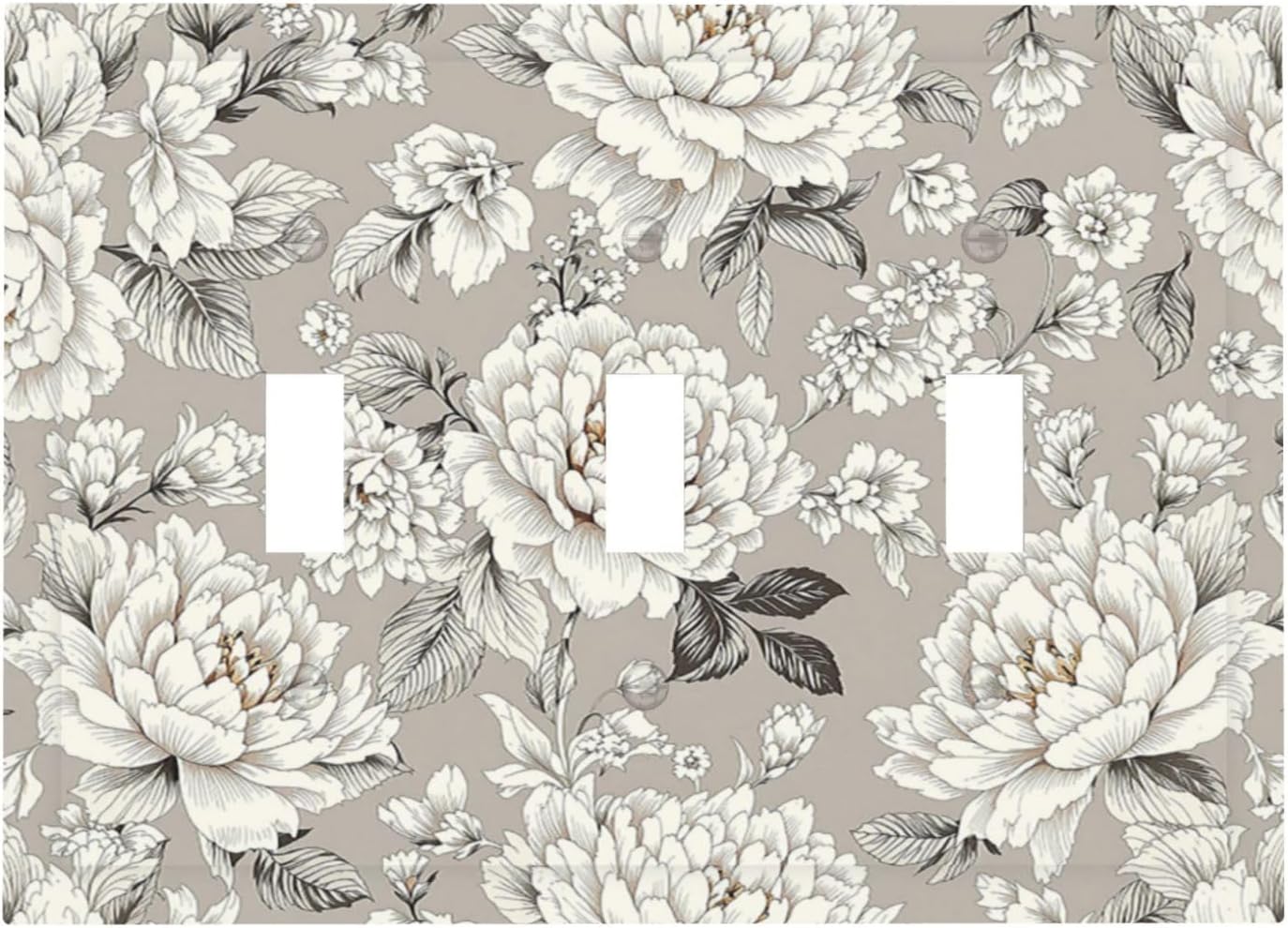 White Poppies Floral Modern Grey Peonies Flowers Decorative Switch Plates 3 Gang Wall Plate Triple Toggle Light Switch Cover Electrical Wall Panels Faceplate for Bedroom Bathroom Decor