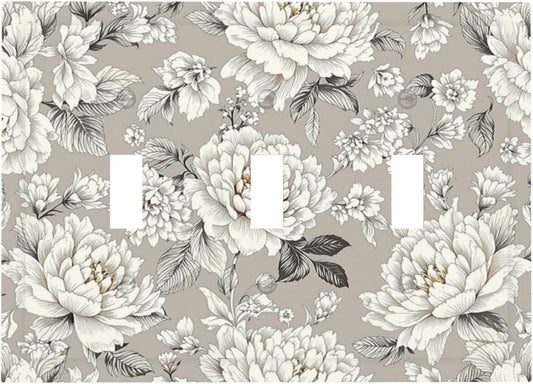 White Poppies Floral Modern Grey Peonies Flowers Decorative Switch Plates 3 Gang Wall Plate Triple Toggle Light Switch Cover Electrical Wall Panels Faceplate for Bedroom Bathroom Decor