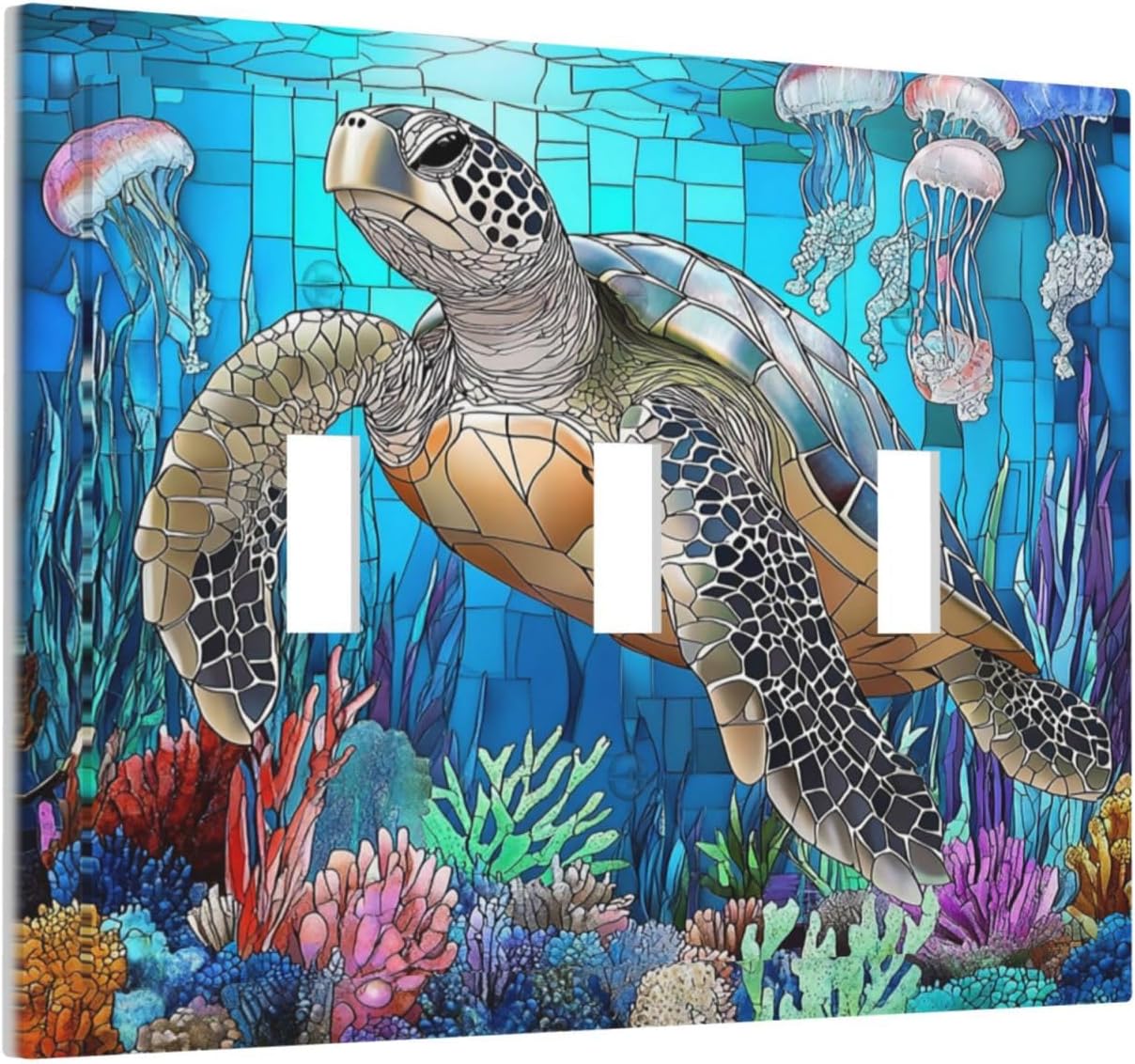 Decorative Switch Plates Nautical Sea Turtle Coral Jellyfish 3 Gang Wall Plate Triple Toggle Light Switch Cover Faceplate Electrical Wall Panels For Kids Room Nursery Decor