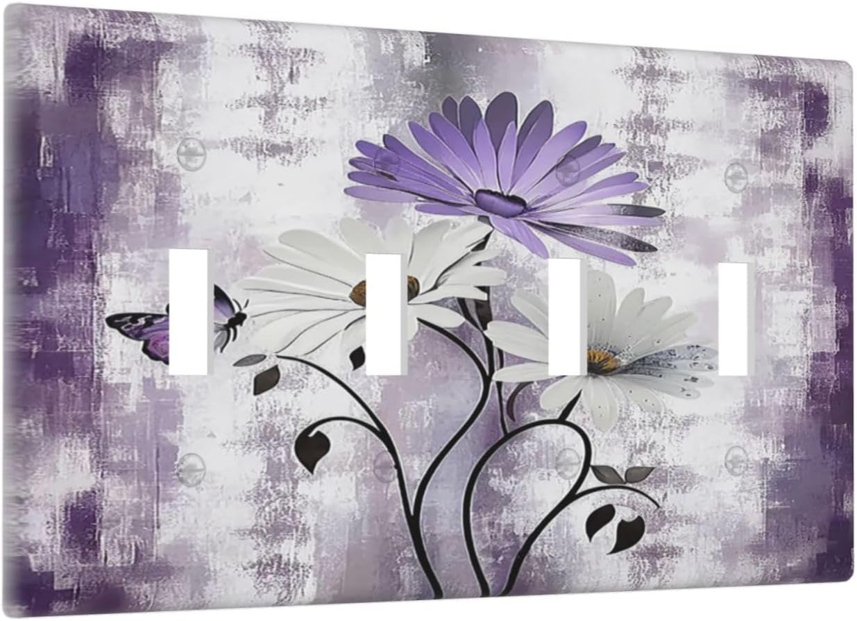Light Switch Cover Plate Purple Daisy White Floral Butterfly Flowers Quad Toggle Wall Plates Decorative Switch Plates 4 Gang Outlet Covers Electrical Panel Cover Faceplate for Home Decor 4.5 X 8 IN