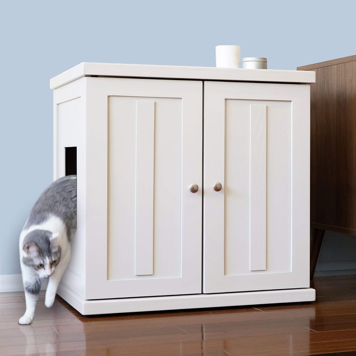 THE REFINED FELINE Cat Litter Box Enclosure Cabinet, Shaker, White, Adjustable Levelers, Large, Hidden Litter Cat Furniture with Drawer
