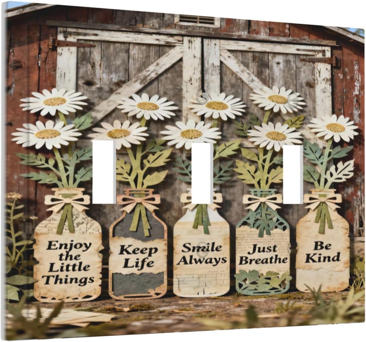 Rustic Daisy Barn Door Flowers 3 Gang Triple Toggle Decorative Light Switch Covers Electrical Faceplate Switch Plates for Bathroom Kitchen Home
