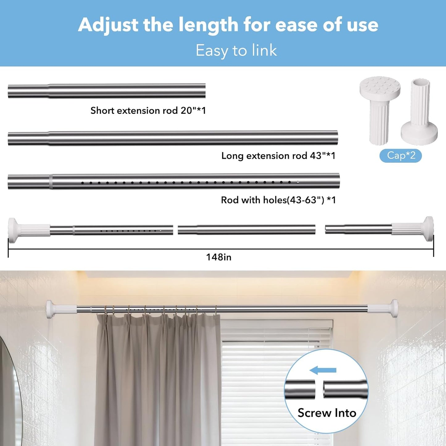 Tension Curtain Rod 51–148 In (4.25–12.33 ft),Extra Long Outdoor Curtain Rod for Window or Bathroom Patio,Easy to Install No Drilling Never Rust,Heavy Duty Adjustable Spring Shower Rod