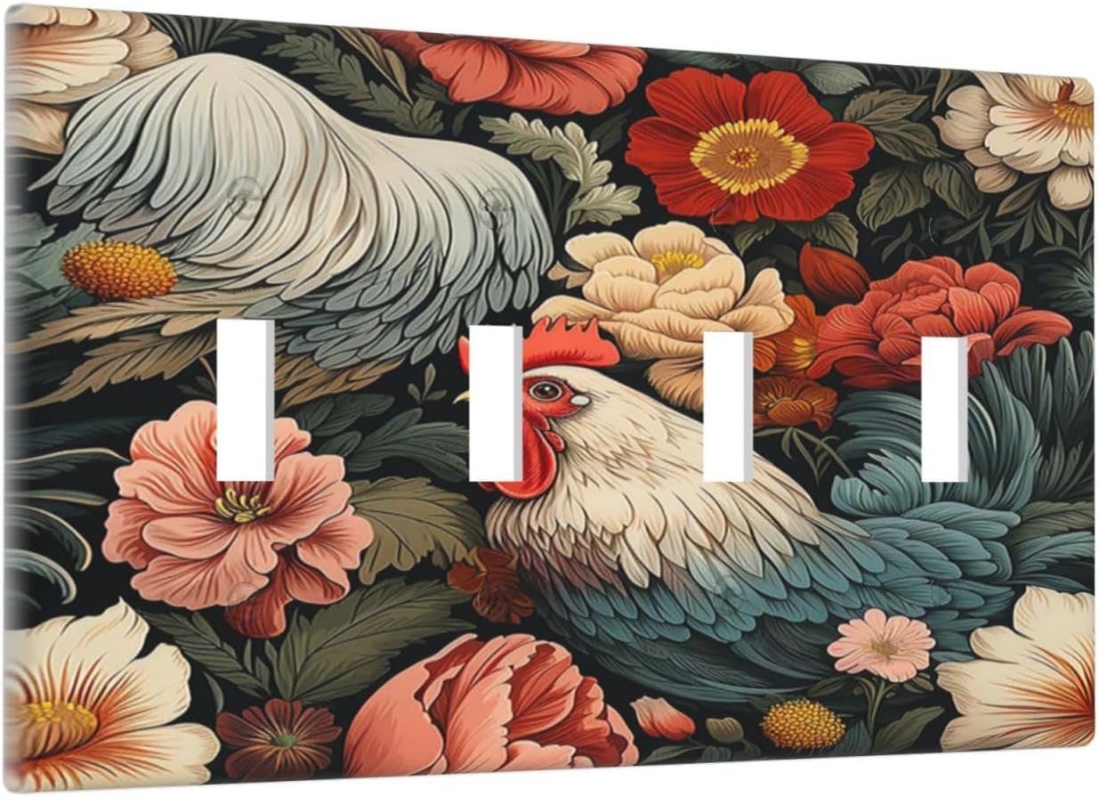Light Switch Covers Rooster Flowers Red White Chicken Floral Quad Toggle Electrical Faceplate 4 Gang Wall Plate Decorative Switch Plates for living Room Farmhouse Decor