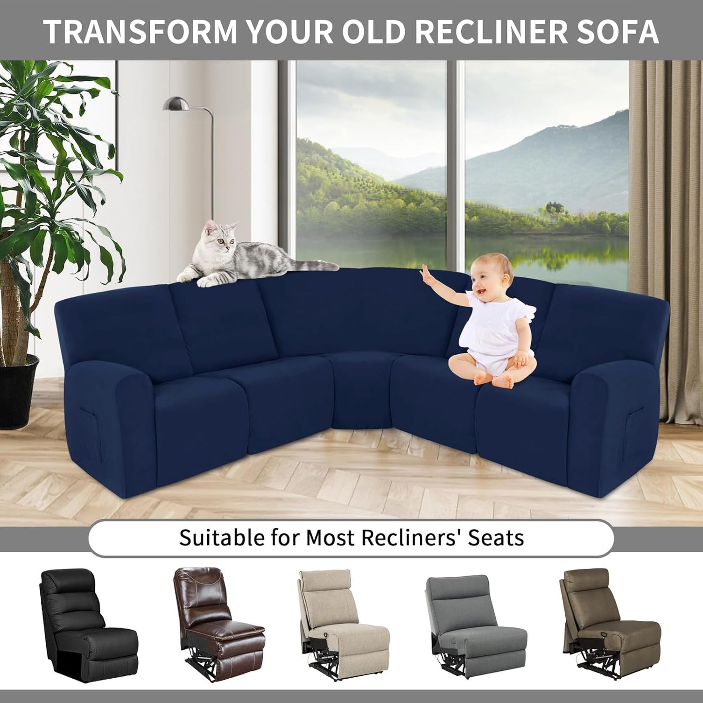 Easy-Going 100% Waterproof Recliner Cover Additional Seat Cover for Reclining Couch, Stretch Sofa Covers Washable Furniture Protector for Kids & Pets, 1 Seat, Navy