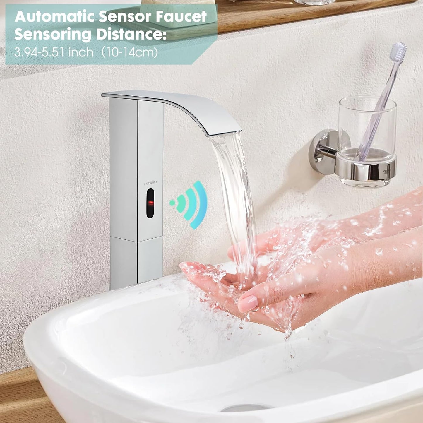 Touchless Bathroom Sink Faucets for 1 Hole, Hands-Free Automatic Motion Sensor Faucets with Tall Body,Black Waterfall Sink Faucets for Bathroom (Tall Body, Chrome)