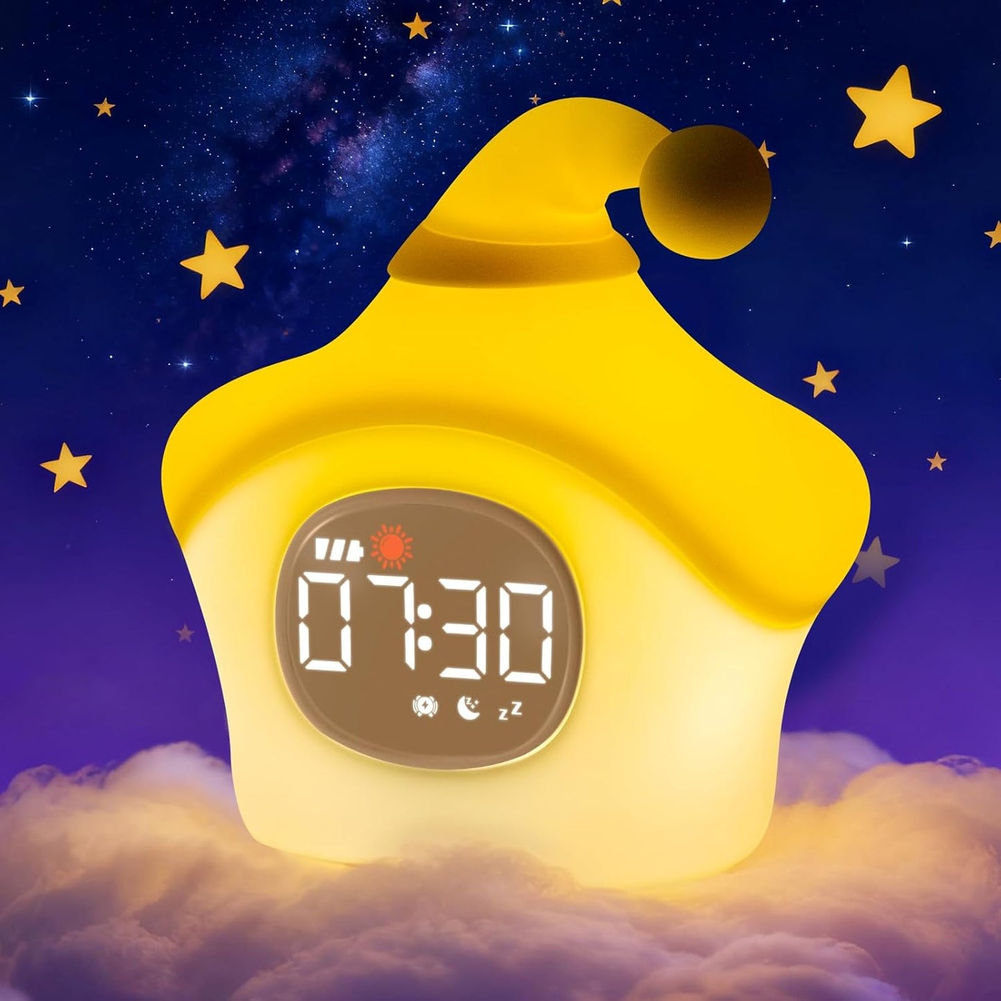 Star Alarm Clock with Night Light for Kids with Sleep Training and Sound Machine, Rechargeable Silicone Lamp OK to Wake Clock，Cute Animal Tabletop Lamp, Perfect Sleep Companion for Boys Girls, Yellow