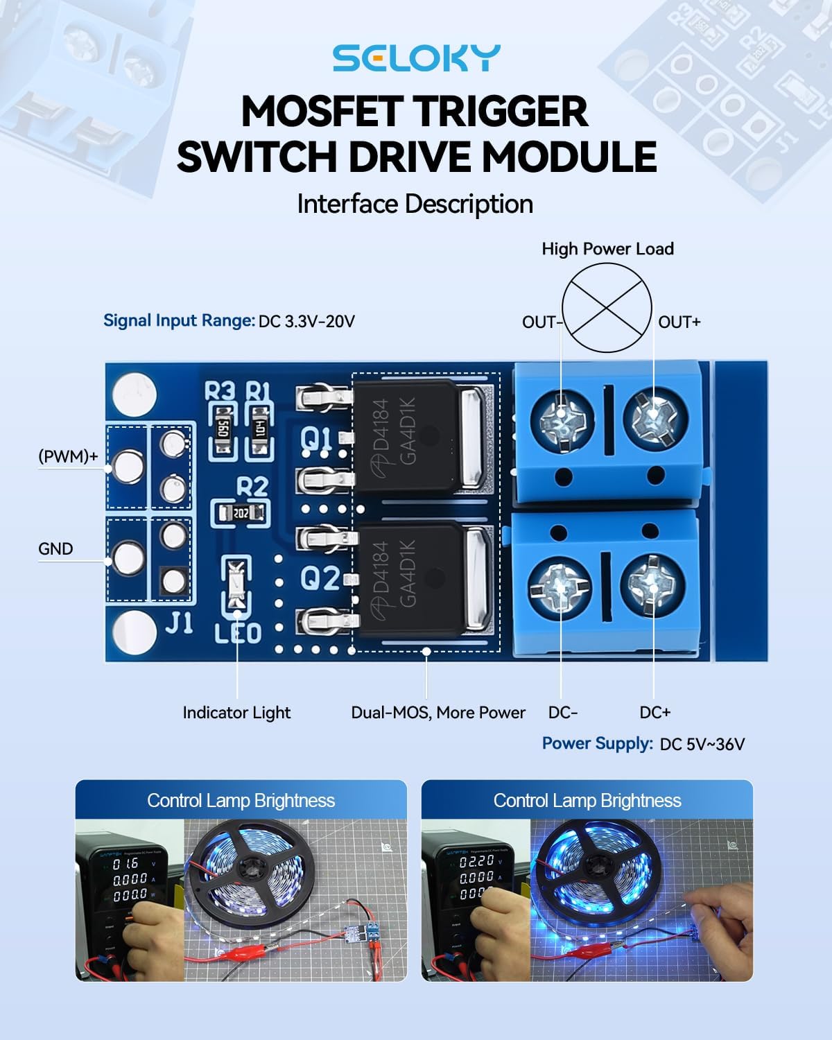 3PCS Dual High-Power MOSFET Trigger Switch Drive Module 0-20KHz PWM Adjustment Electronic Switch Control Board Motor Speed Controller Lamp Brightness Control, DC 5V-36V 400W, 15A (Max 30A)