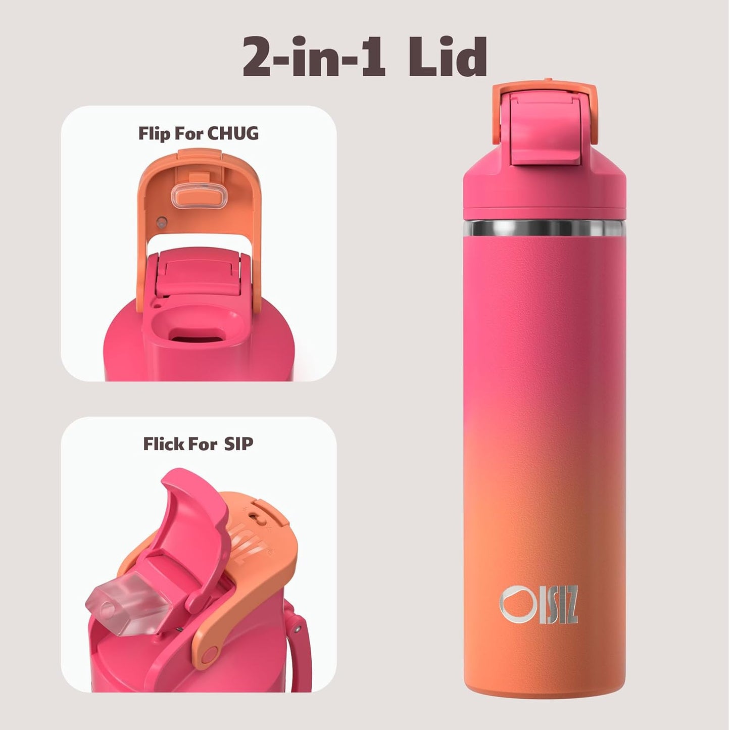 OISIZ Insulated Water Bottle 24 oz with 2 in 1 Spout and Straw Lid,One Click Safety Lock,100% Leakproof,Keep Cold 24H,Vacuum Stainless Steel Water Bottle for School,Travel and Sports,Dishwasher Safe