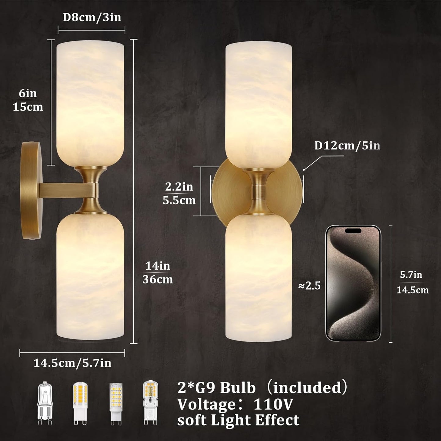 Alabaster Wall Sconces, 14" Modern Spanish Natural Marble Vanity Light, Dimmable Hardwired Brass Gold Wall Sconce Lighting for Bathroom Mirror, Bedroom, Living Room, Luxury Natural Stone Wall Fixtures