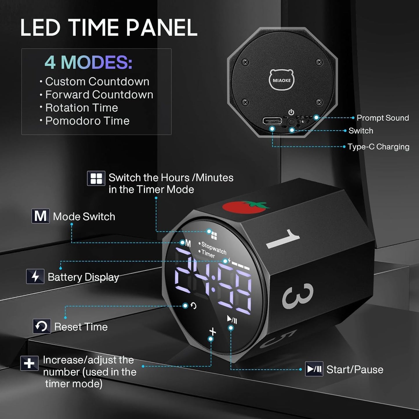 MIAOKE Pomodoro Timer-Aluminum Alloy Frosted Metal LED Large Screen Digital Automatically Rotated Display, Focus Efficient Management on Work and Study, Office, Living Room-Black