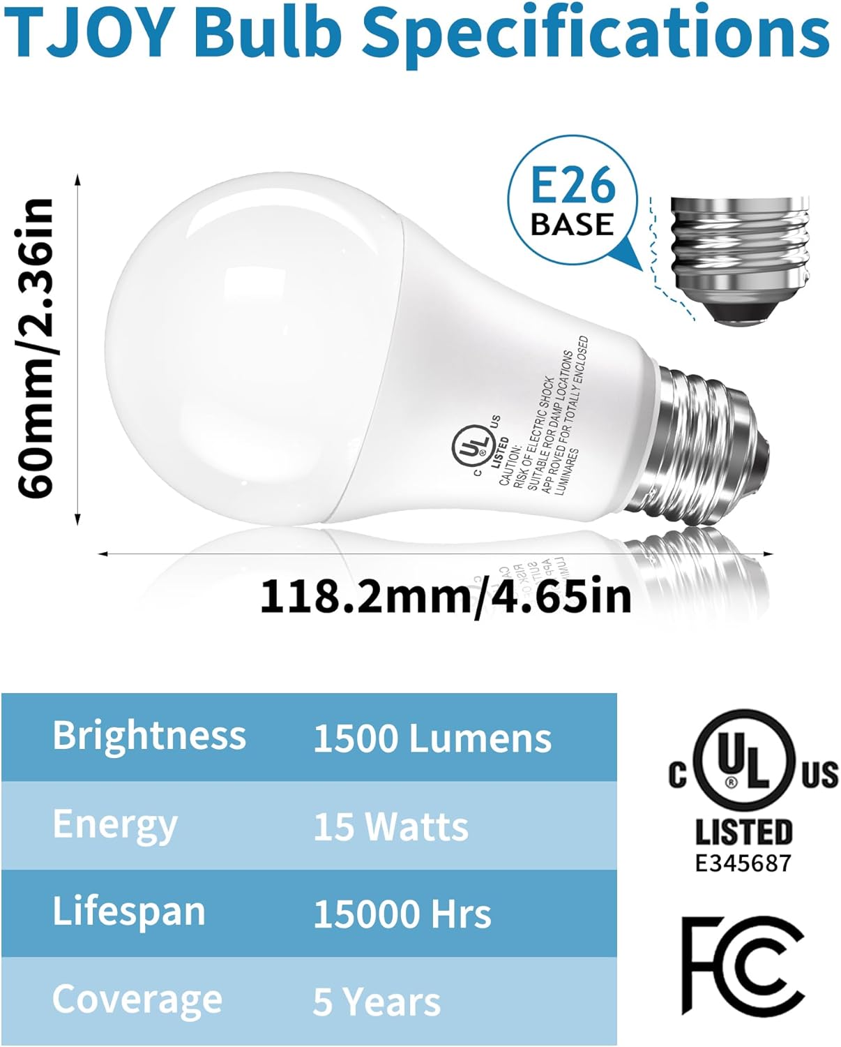 TJOY 20 Pack LED Light Bulbs, 100 Watt Equivalent A19, 5000K Daylight LED Bulbs, 15W Bright White Light Bulbs, Energy Saving Light Bulb with E26 Standard Base, 1500 Lumens Non Dimmable Lamp Bulb
