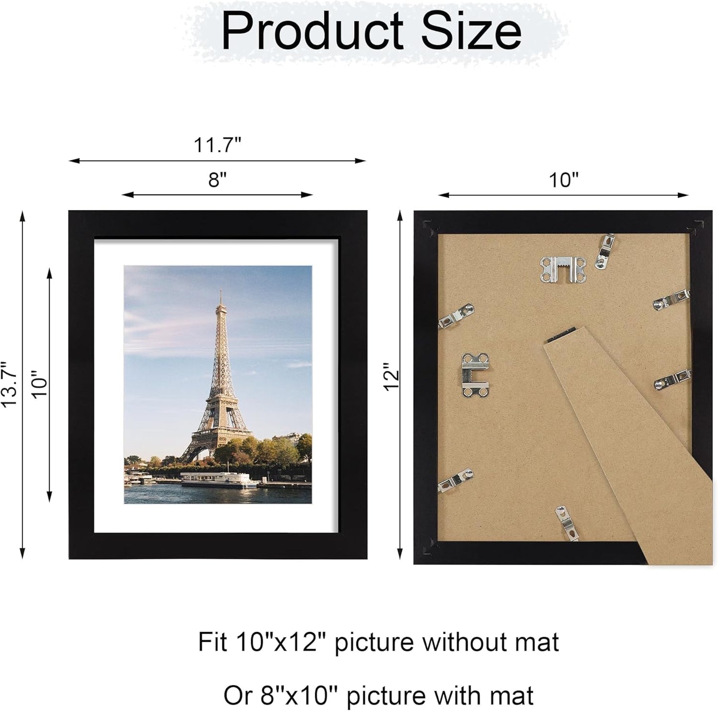 iRahmen 10x12 Picture Frame with HD Tempered Glass, Display Pictures 8x10 with Mat or 10 x 12 Without Mat, Wood Photo Frames for Tabletop and Wall Mount (Black, 1 Pack)