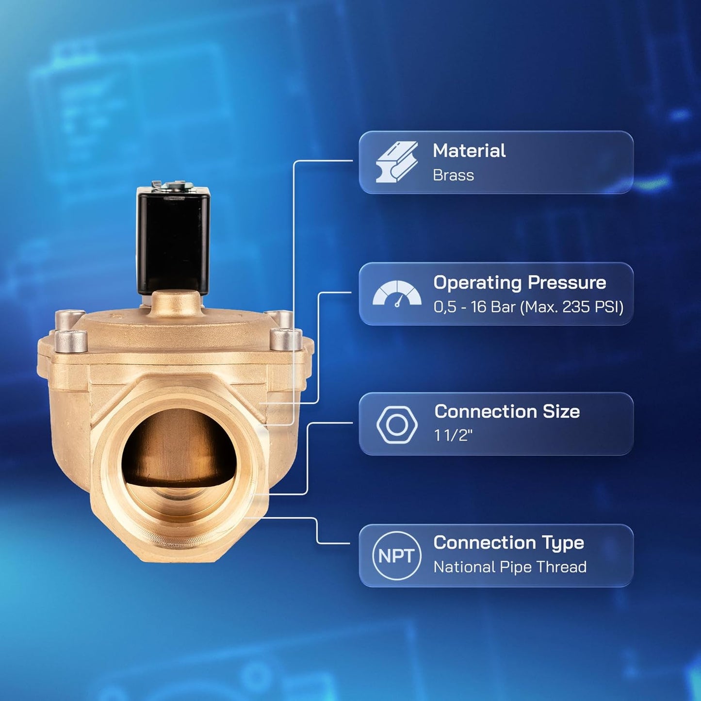 UNOX 1 1/2" NPT Solenoid Valve 110V AC, Brass Control Valve Normally Closed - 7-232 PSI Multi-Purpose Reliable Control Valve for Water, Air, and Gas - Solenoid Valves