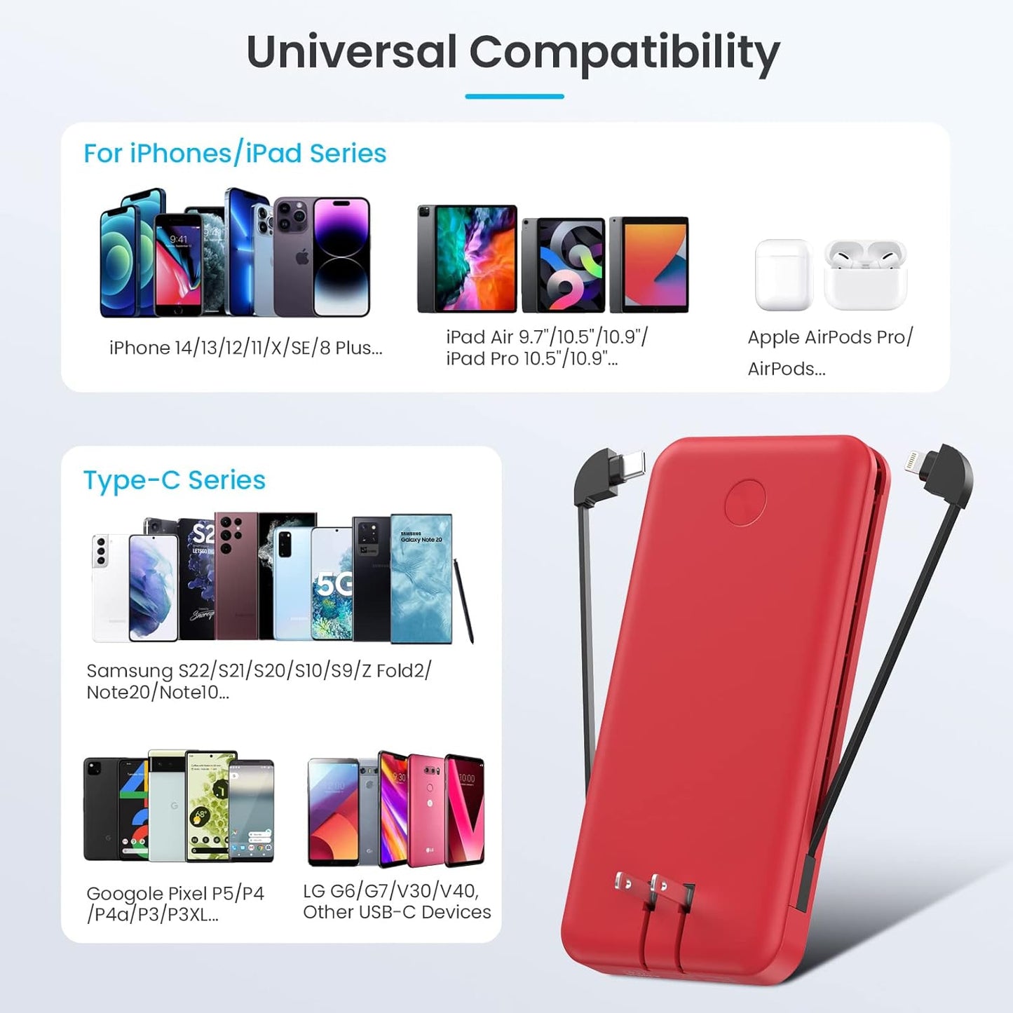 Portable Charger with Built-in Cables & AC Wall Plug,Ultra Slim 13800mAh USB-C Power Bank, 4 Output 2 Input LCD Display External Battery Pack Phone Charger Compatible with iPhone Samsung Android -Red