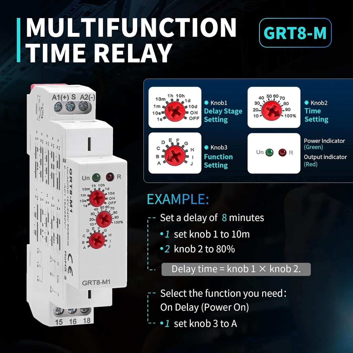 GRT8 M1 Multifunction Time Relay, 16A Delay ON Off AC DC 12-240V with 10 Relay Timer Function Choices DIN Rail Electronic Relays of Wide Time Delay Range for 0.1s-10 Days