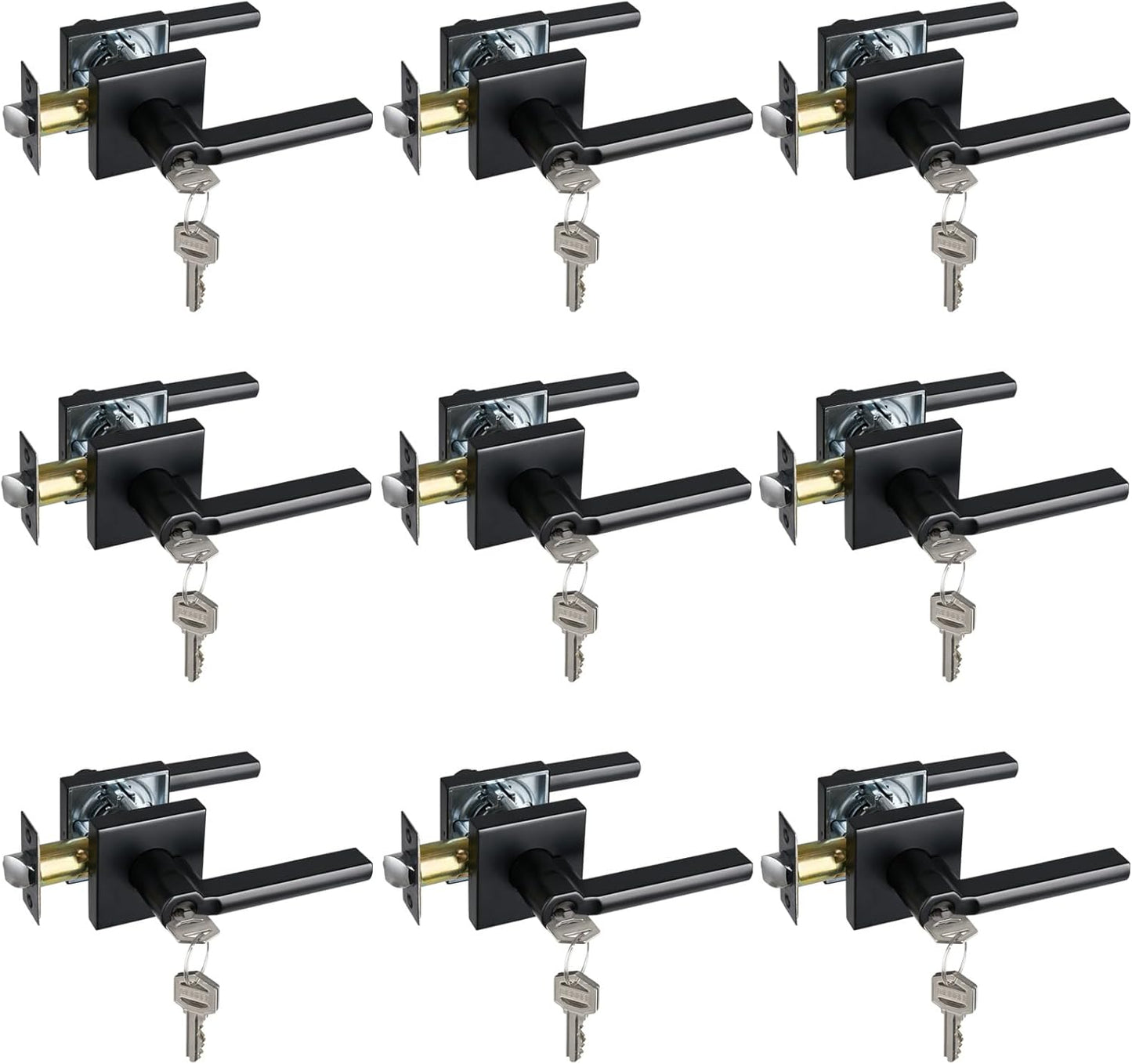 Keyed Entry Door Lever with Lock, Heavy Duty Square Interior Handle for Front Door and Office, Matte Black, Reversible for Right&Left Handed, 9Packs