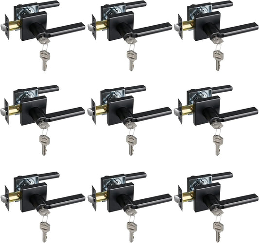 Keyed Entry Door Lever with Lock, Heavy Duty Square Interior Handle for Front Door and Office, Matte Black, Reversible for Right&Left Handed, 9Packs