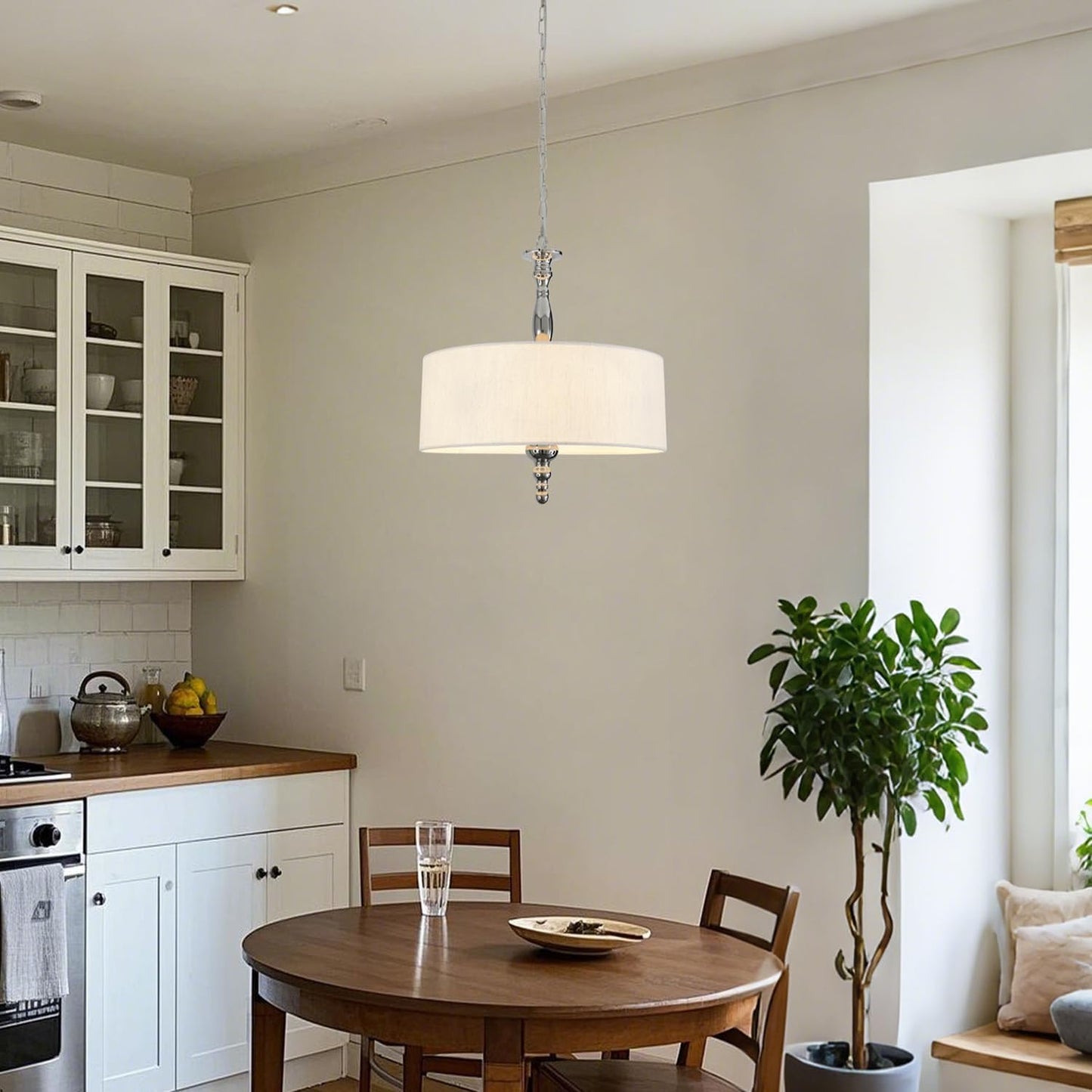 4-Light Drum Chandeliers, Drum Pendant Light Fixture Beige Linen Fabric Shade, Kitchen Chandeliers Over Table,Adjustable Hanging Light Fixture for Dining Room,Brushed Nickel