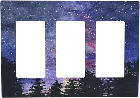 Light Switch Covers Dream Milky Way Starry Forest Pine Watercolor Painting 3 Gang Rocker Electrical GFCI Decorative Triple Outlet Wall Plate Cover Switchplate for Bedroom Home Decor