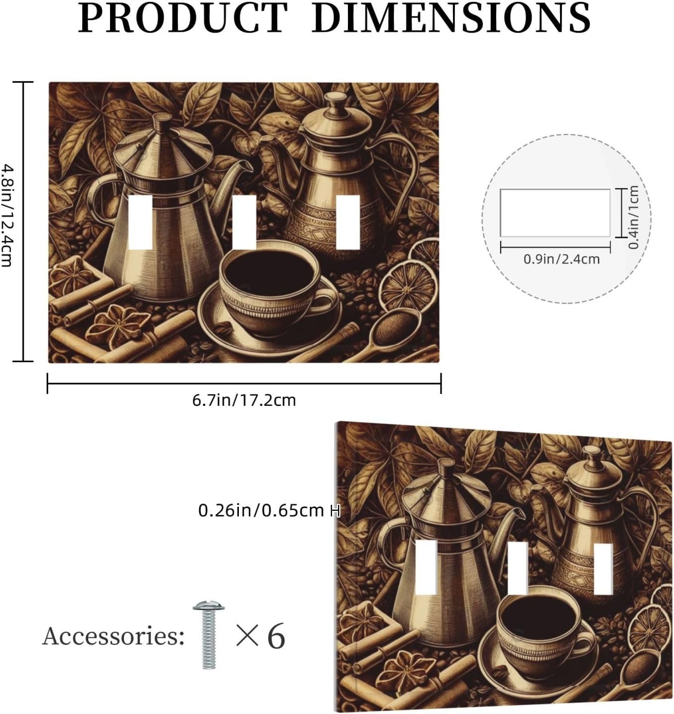 Decorative Light Switch Cover Plate Vintage Coffee Beans Leaf Cup 3 Gang Wall Plate Oversized Triple Toggle Switch Cover Plate Jumbo Faceplate for Kitchen Home Decor