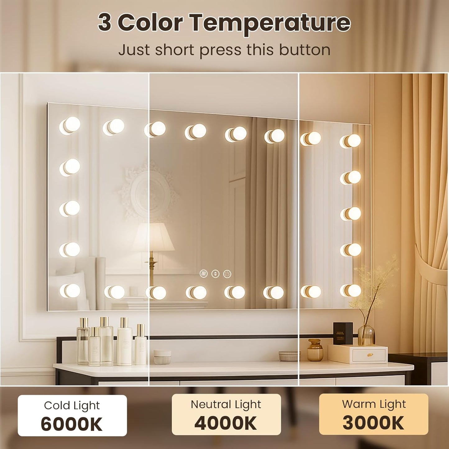 WTTY LED Bathroom Mirror with Lights 72"x36" Hollywood Wall-Mounted Mirror with 3 Color Temperatures, Stepless Dimmable Bulbs, Anti-Fog & Shatter-Proof