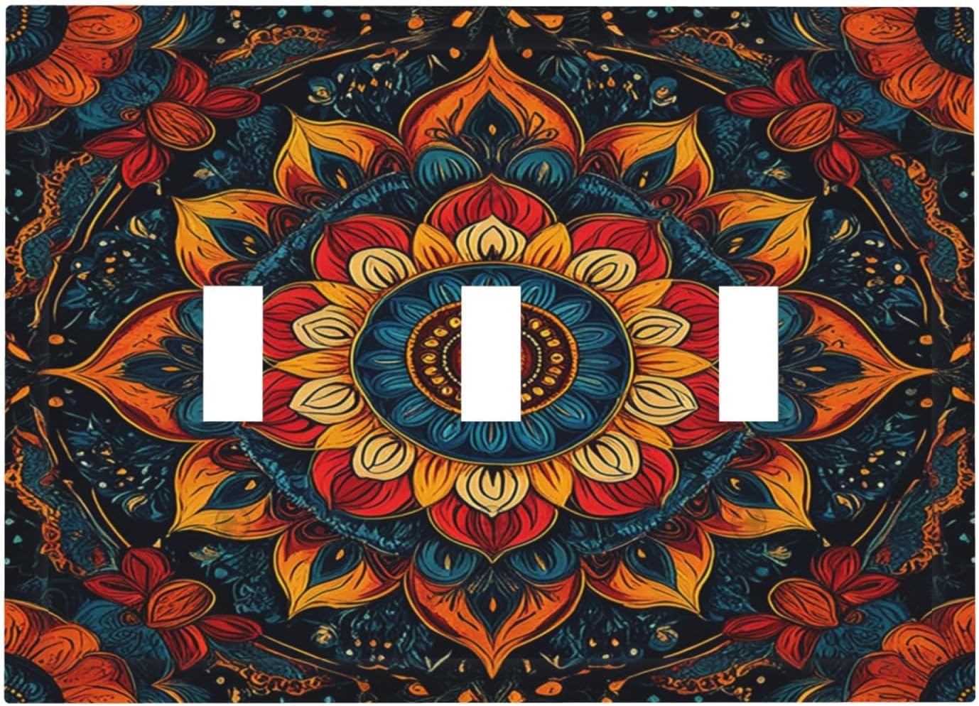 Light Switch Covers Boho Colorful Mandala 3 Gang Wall Plates Triple Toggle Outlet Cover Decorative Switchplates Electrical Panel Cover for Kitchen Living Room 4.8 X 6.7 IN