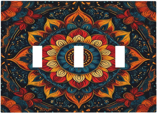 Light Switch Covers Boho Colorful Mandala 3 Gang Wall Plates Triple Toggle Outlet Cover Decorative Switchplates Electrical Panel Cover for Kitchen Living Room 4.8 X 6.7 IN