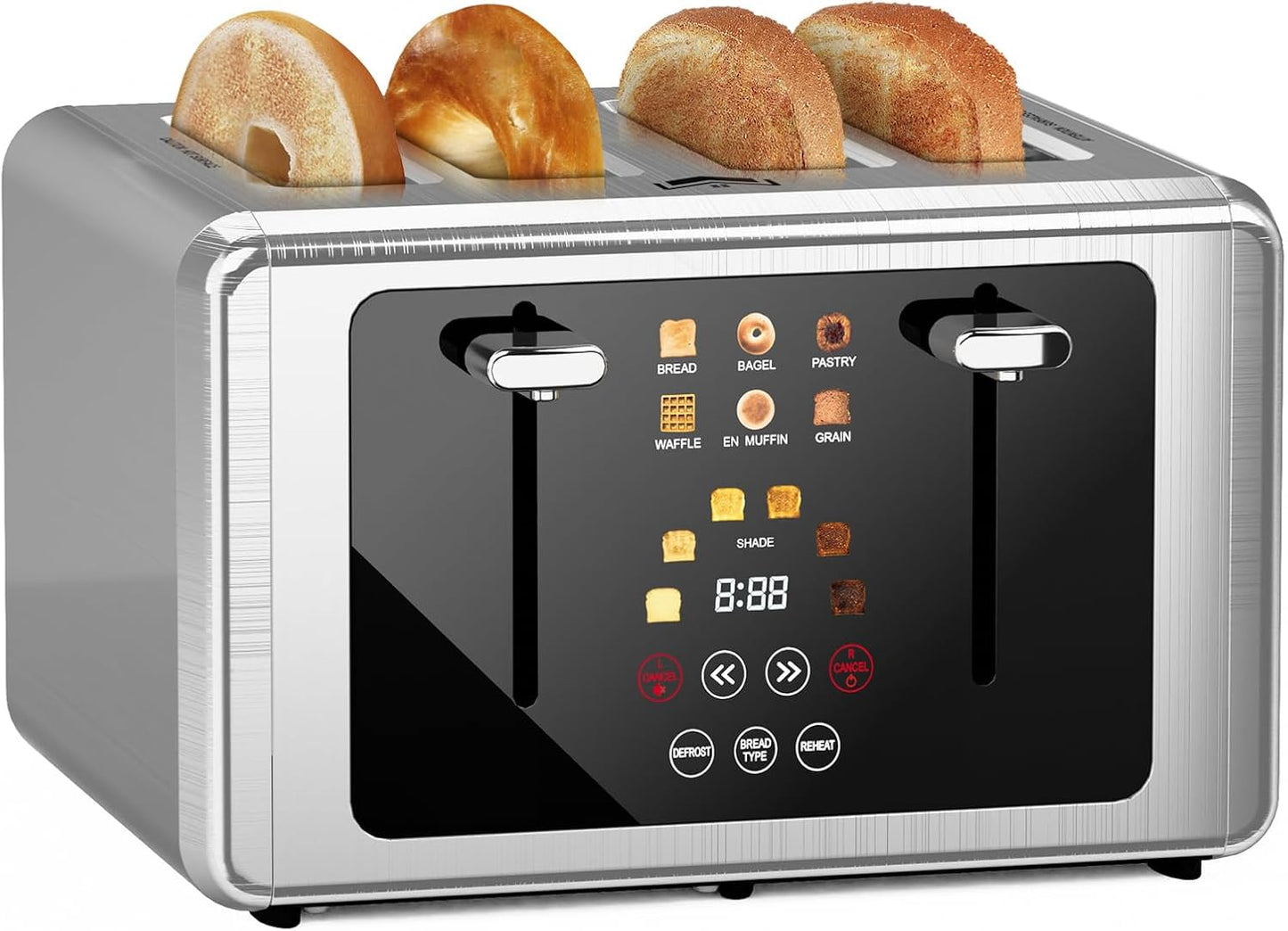 4 Slice Toaster, Touchscreen & Dual Independent Control Panel，5 Basic Functions & Digital Countdown Toasters, 6 Shade Settings＆6 Bread Types, Smart Bread Maker Mute/Screen-Off,Stainless steel