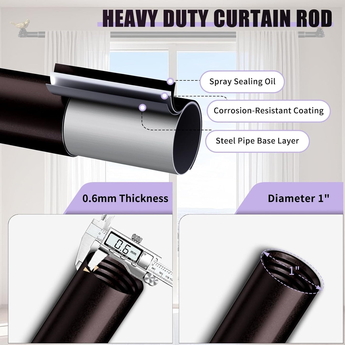 Curtain Rod 36 to 168 Inches Vintage Oil Bronze Curtain Rods for Windows Adjustable Drapery Rod with Bird Finials Heavy Duty Window Brown Curtains Rods for Living Room Bedroom