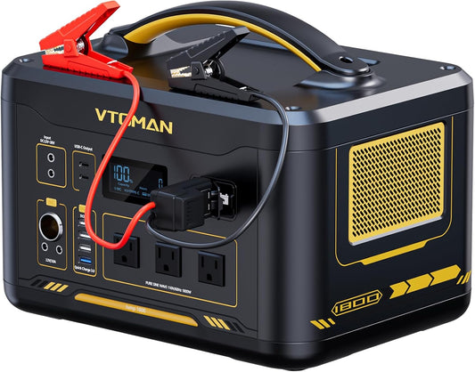 VTOMAN Jump 1800 Portable Power Station with Jumper Cables, 1548Wh LiFePO4 Battery Solar Generator & Car Jump Starter, 1800W 3xAC Outlets, 2xPD 100W Type-C, Large Capacity for Camping Roadside Rescue