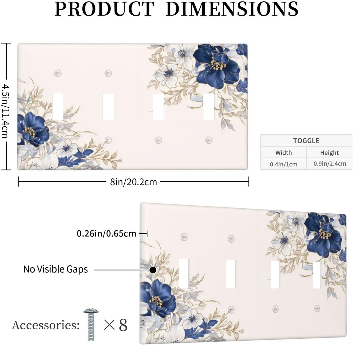 Decorative Light Switch Cover Plate Rustic Blue White Flowers Floral Penoy 4 Gang Wall Plate Oversized Quad Toggle Switch Cover Plate Jumbo Face Plate for Bedroom Decor