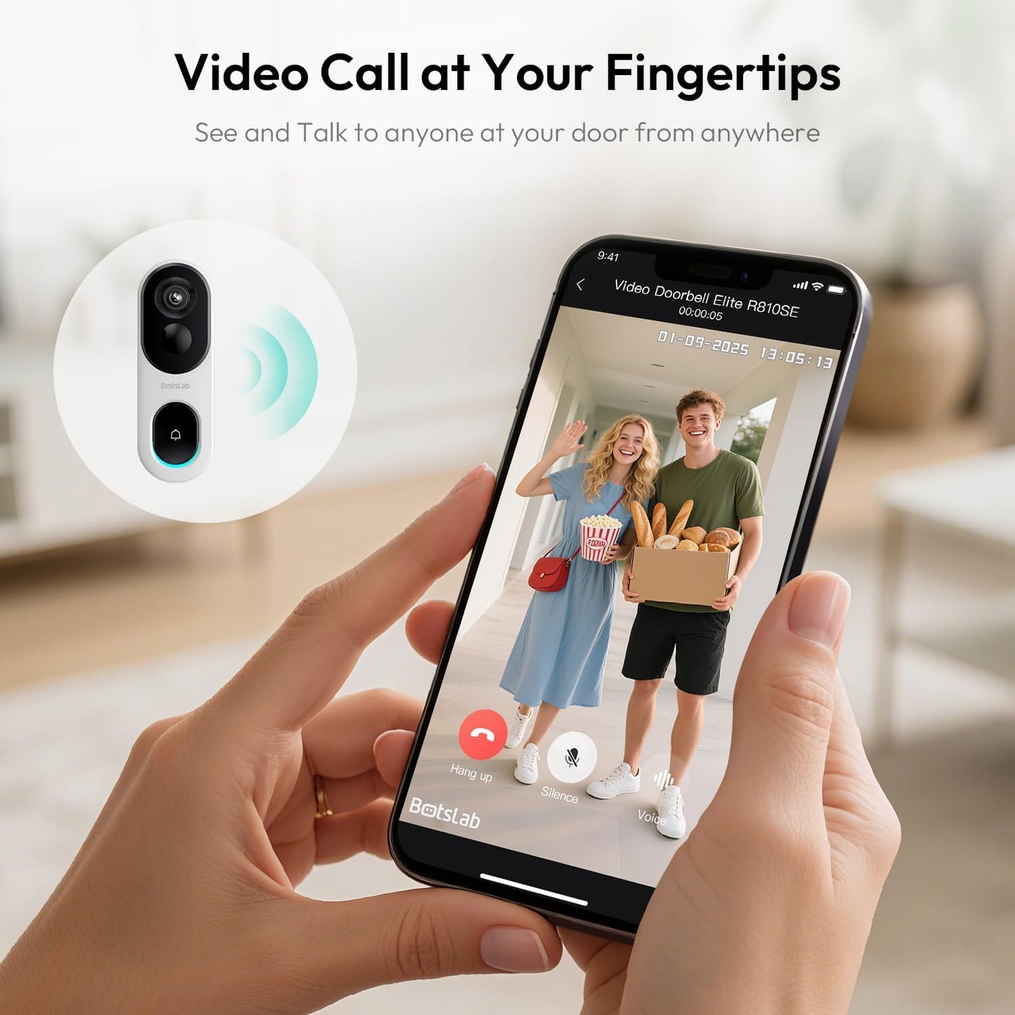 BOTSLAB 2K Doorbell Camera Wireless, 180° Head-to-Toe View, No Monthly Fee, Video Doorbell with 2-Way Audio, Human Detection, 5200mAh Battery, 2.4Ghz WiFi