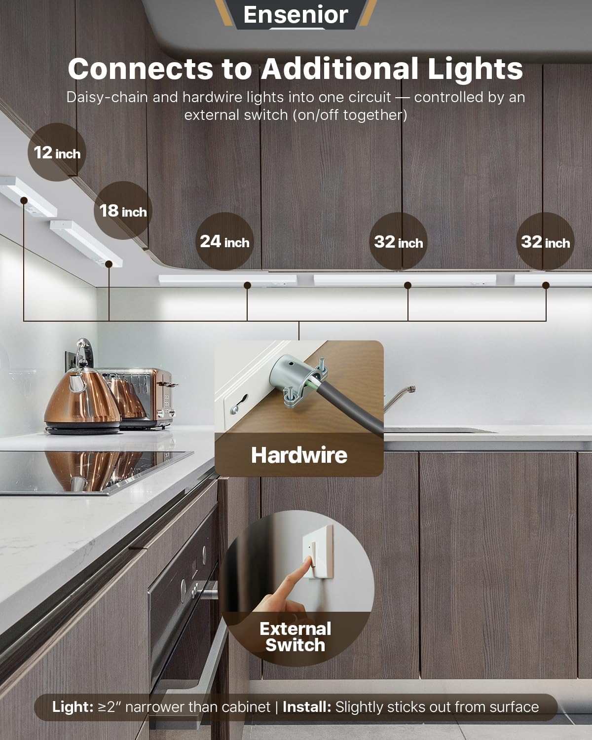 Ensenior 32 Inch LED Under Cabinet Lighting Hardwired, 5CCT, 18W 1100LM, 2700K/3000K/3500K/4000K/5000K, Wired Under Cabinet Lights, Dimmable Under Counter Lights for Kitchen, FCC, 1 Pack