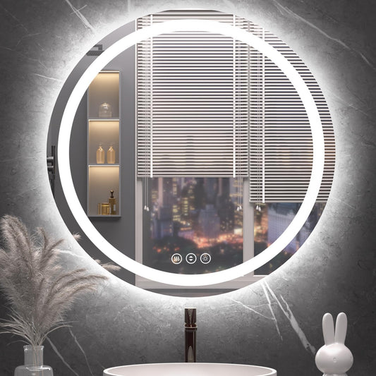 Round LED Bathroom Mirror with Lights, Backlit & Front Lighted, Wall-Mounted Vanity Mirror 3000K/4000K/6000K, Memory Functions, Anti-Fog, Dimmable Smart Mirror (Round 30" x 30")