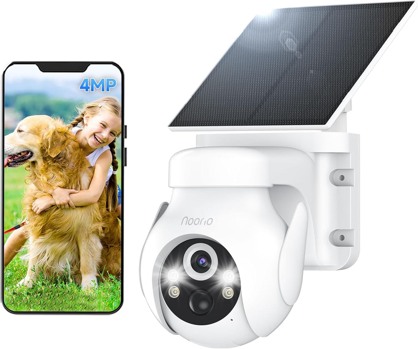 Noorio Solar Security Cameras Wireless Outdoor, 2K Pan/Tilt 360° View Solar/Battery Powered 2.4G WiFi Cameras for Home Security w/Color Night Vision, 2-Way Audio, SD/Cloud Storage