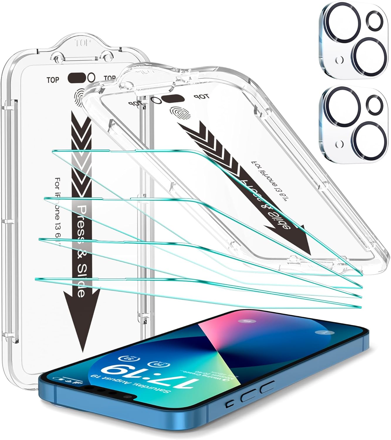 EZ-GLAZ- 4 Pack for iPhone 13 Screen Protector [6.1"] With 2 Pack Camera Lens Protector, 9H+ Hardness 12FT Military Grade Shatterproof Scratch Resistant Durable Tempered Glass Film with Flawless Fit Kit, HD Clear