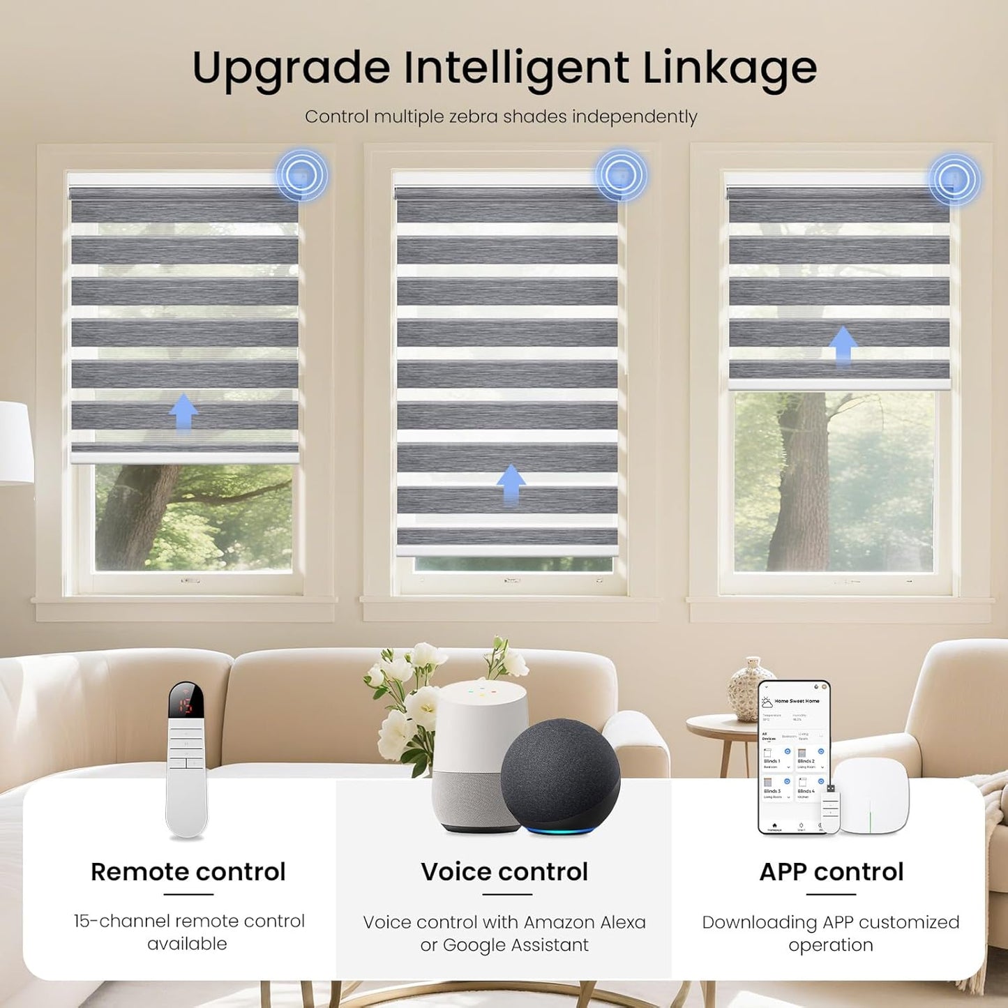 Grandekor Motorized Zebra Blinds with Remote Control,Smart Zebra Blinds for Windows,Electric Zebra Shades, Hemp Grey,31" W x 72" H