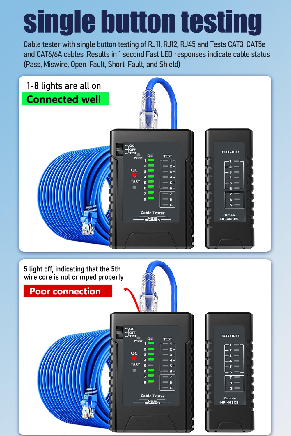 NF-468CS Network Cable Tester - Ethernet Tester, Cable Mapper with Continuity Test, Suitable for RJ45/RJ11/RJ12/POE/CAT3/CAT5/CAT5E/CAT6/CAT6A, UTP/STP, LAN and Telephone Line Testing Tool