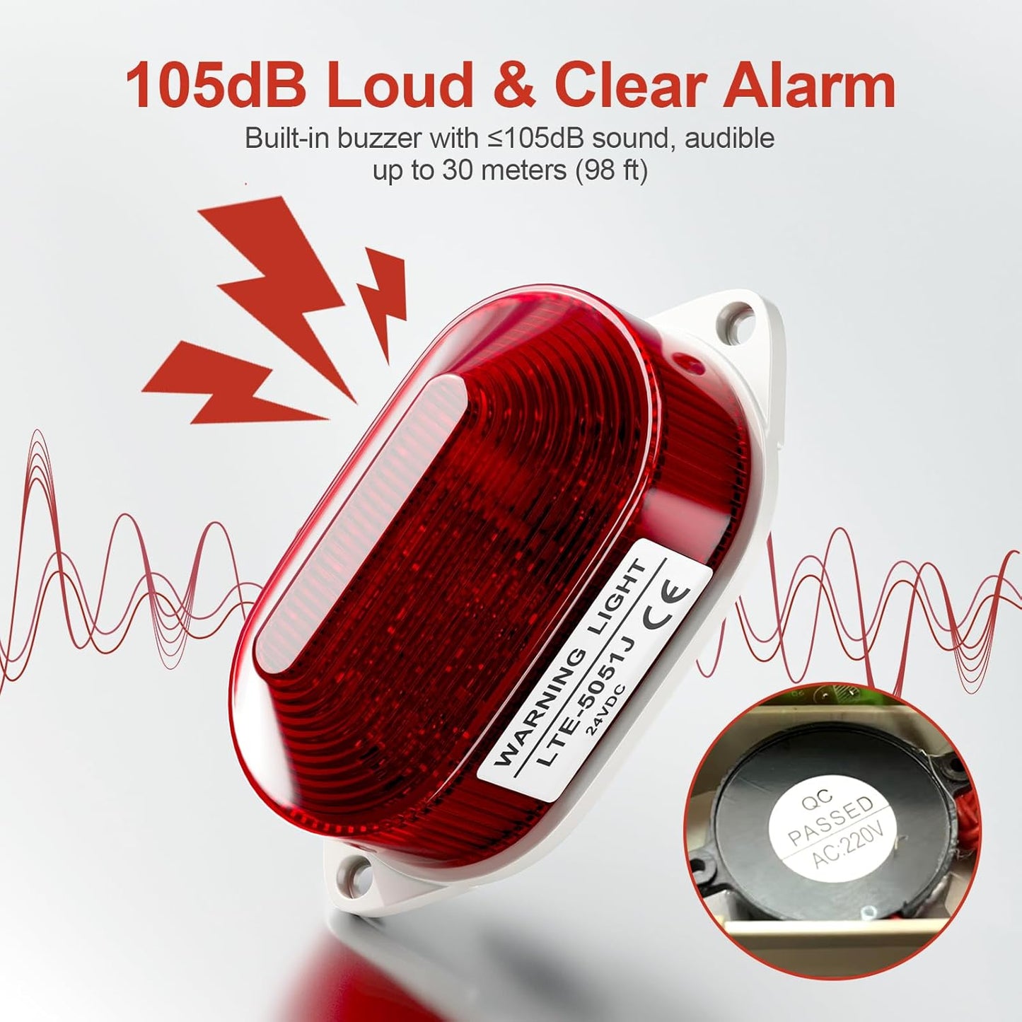 QTEATAK DC24V Strobe Siren Industrial Warning Light with Red LED and 105dB Buzzer, Ultra-Bright Signal Flashing Alarm Light for Safety and Alert, Oval