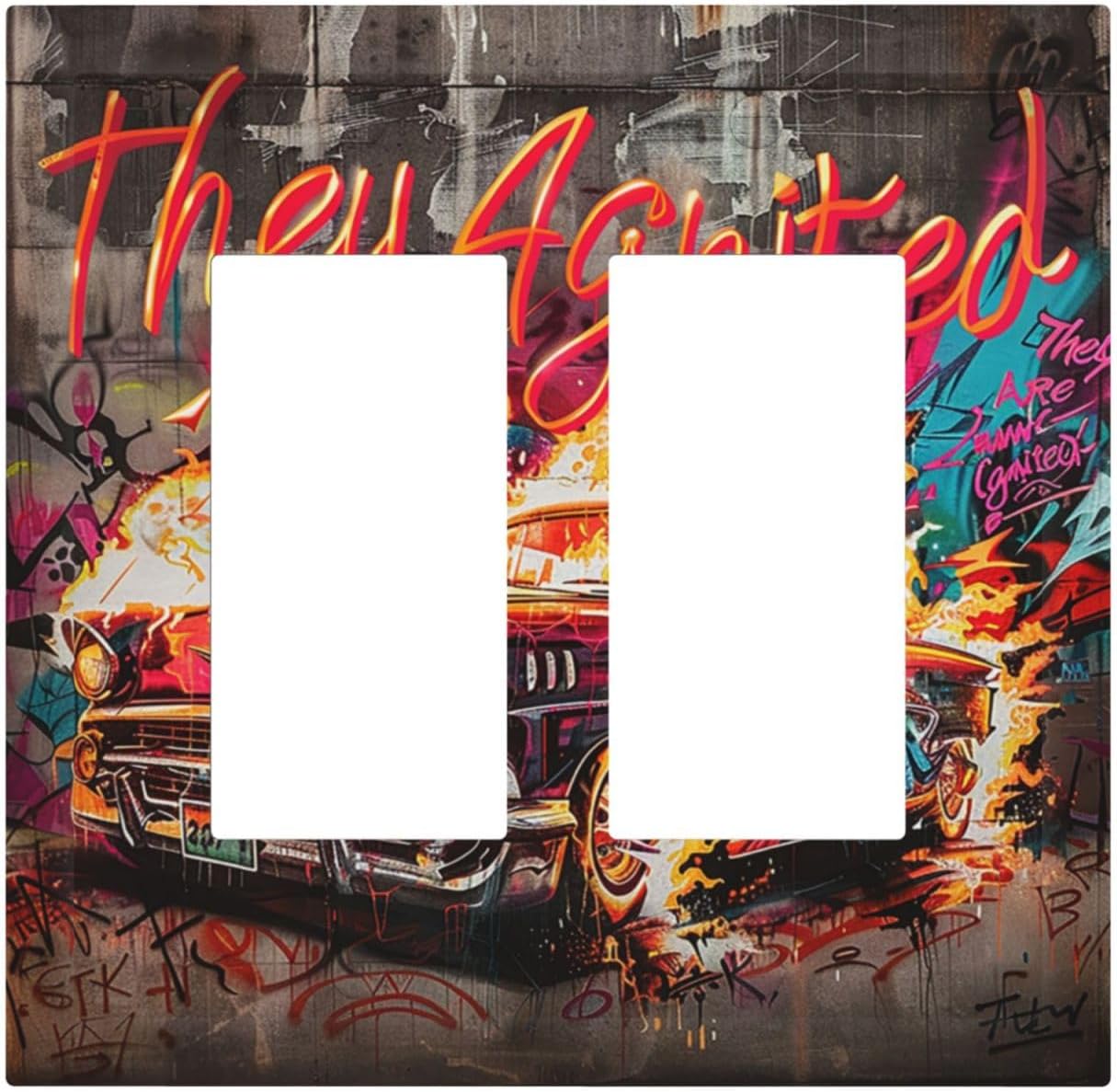 Decorative Outlet Covers Hip Hop Street Graffiti Flame Car 2 Gang Double GFCI Rocker Electrical Wall Panels Light Switch Cover Plate for Bedroom living Room Decor