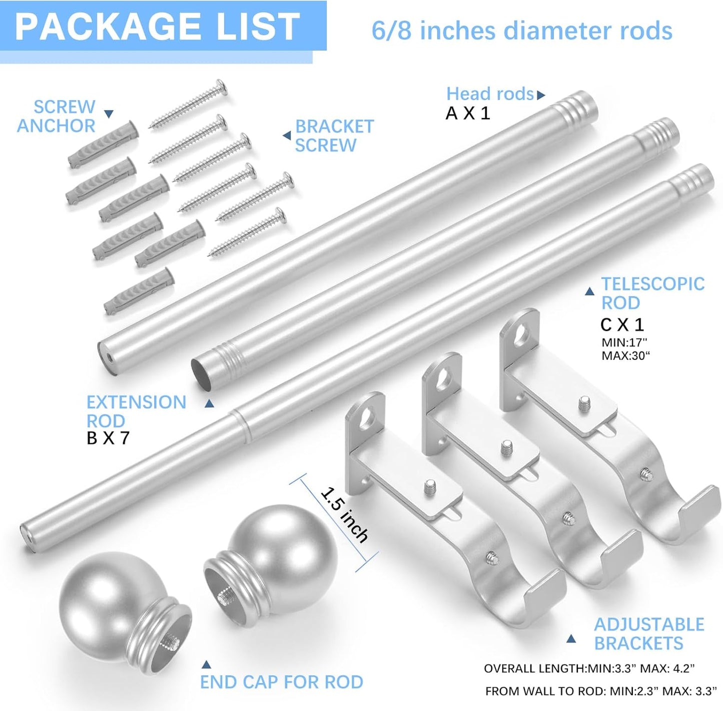 Curtain Rods for Windows 16 to 136 Inches, Curtain Rod Max Adjustable Length of 144 IN, 6/8" Diameter Drapery Rods Round Finials, Satin Silver, Pack of 1
