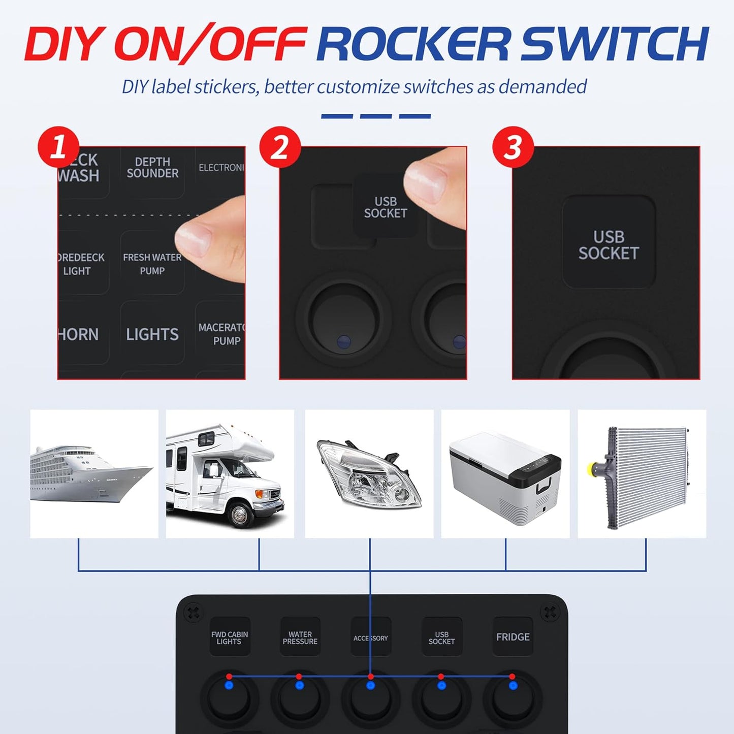 5 Gang Rocker Switch Panel UL Listed 12 Volt ON-Off Switch Panel Blue LED with Inline Fuse & 4.8A USB Charger Socket & Digital Voltmeter & 12V Cigarette Lighter Socket for Marine Boat Car
