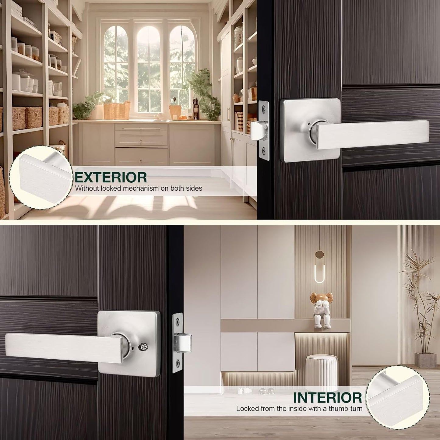 GOBEKOR 10 Pack Nickel Interior Door Handles with Lock, Keyless Lever Closet Levers