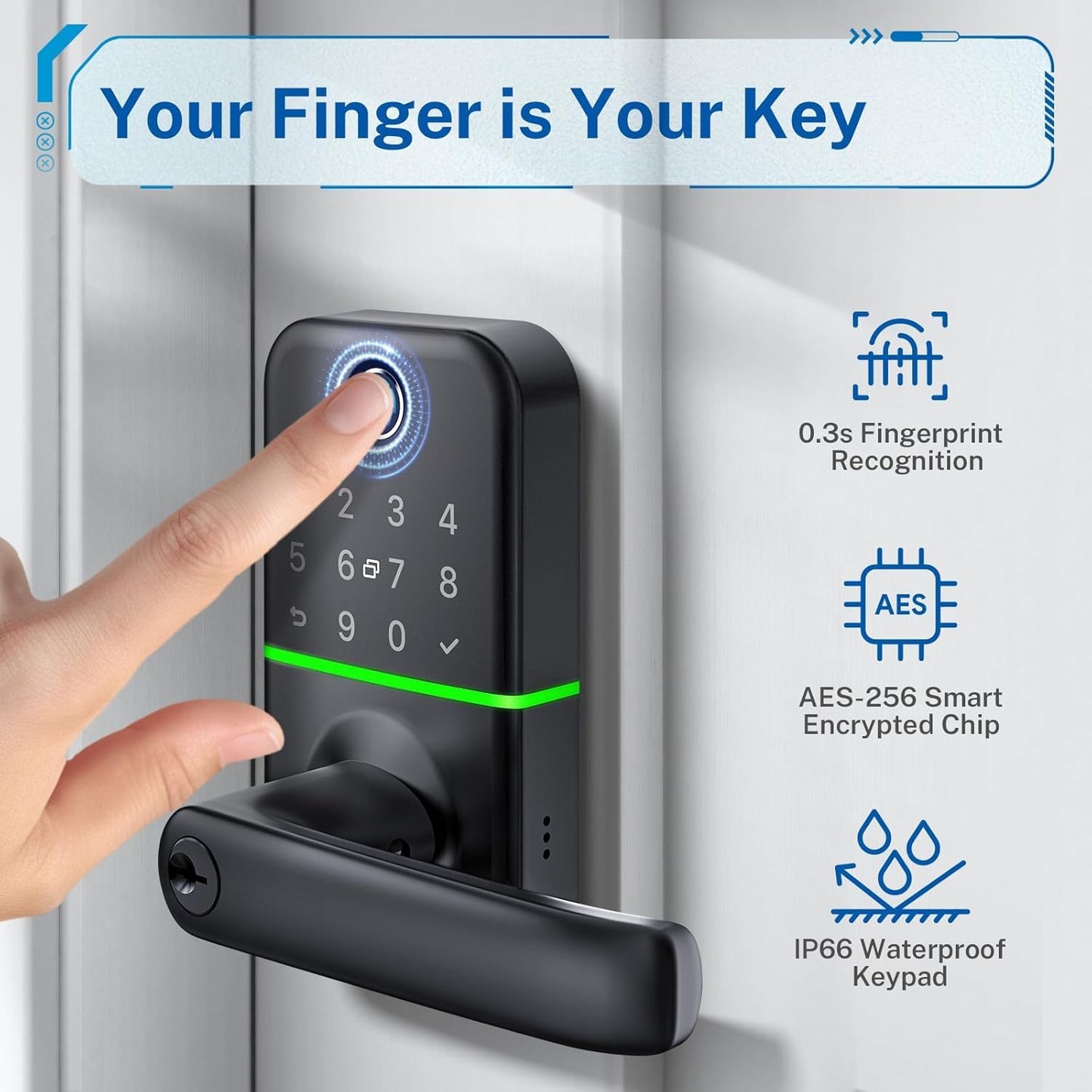 Keypad Smart Door Lock with Handle: Kucacci Keyless Entry Fingerprint Lock - Digital Code Handle with Keypad - Electronic Smart Knob for Front Door - Deadbolt Alternative with App - Easy Installation
