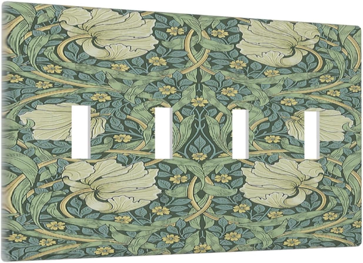 Light Switch Covers Vintage Floral Plant Sage Green William Morris Quad Toggle 4 Gang Wall Plate Electrical Faceplate Decorative Switch Plates for Bedroom Home Decor