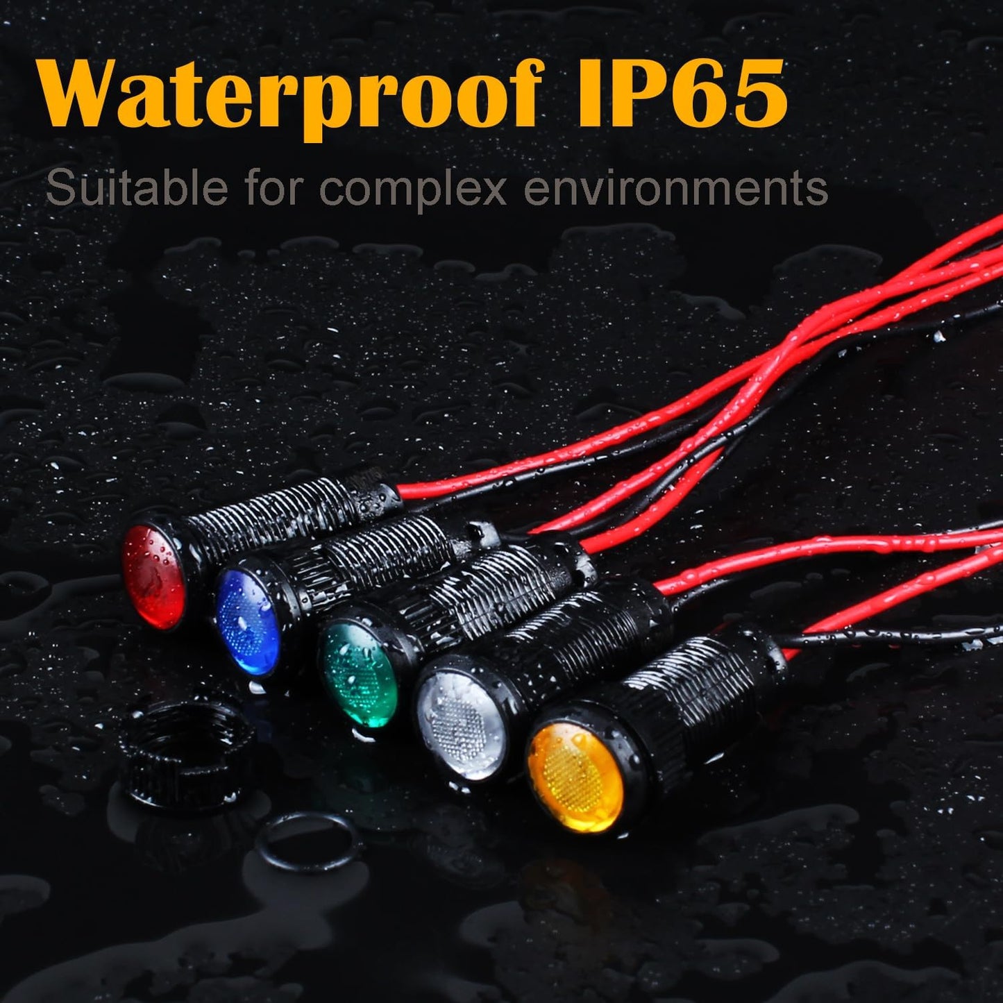 5pcs 10mm LED Indicator Light Plastic Black Signal Dot Lamp 110-220V AC 2/5" Mounting Hole Size with 15cm/5.9in. Wire (Red LED)